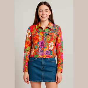 Vintage Cropped Tropical Floral Hawaiian Jean Jacket